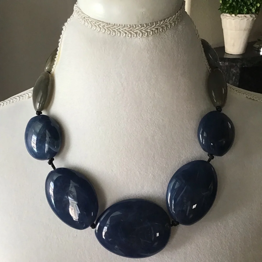 Blue River Stone Look Statement Necklace Blue Gray Flat Beads Black Cord NEW - Picture 6 of 9